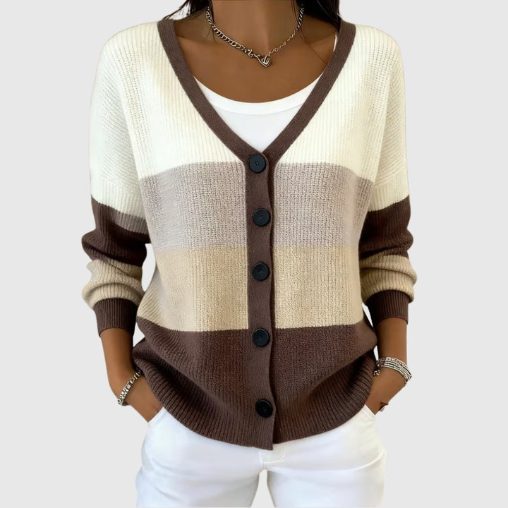 Inês | Camisola de Malha com Riscas Mulher Decote em V com Botões