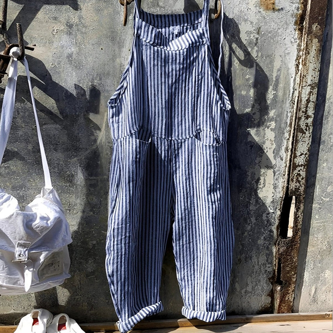 Inês | Jardineiras de Riscas Mulher Corte Solto com Bolsos