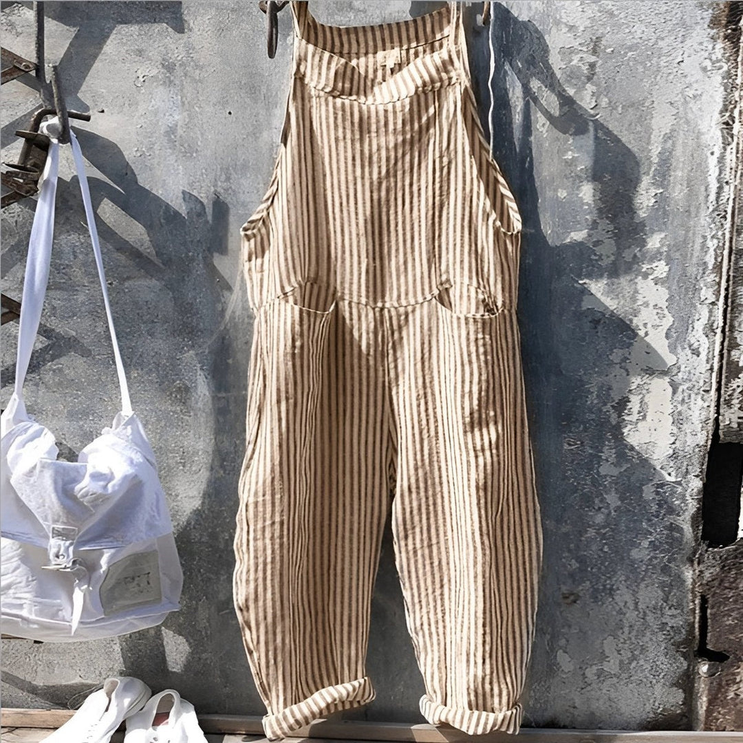 Inês | Jardineiras de Riscas Mulher Corte Solto com Bolsos
