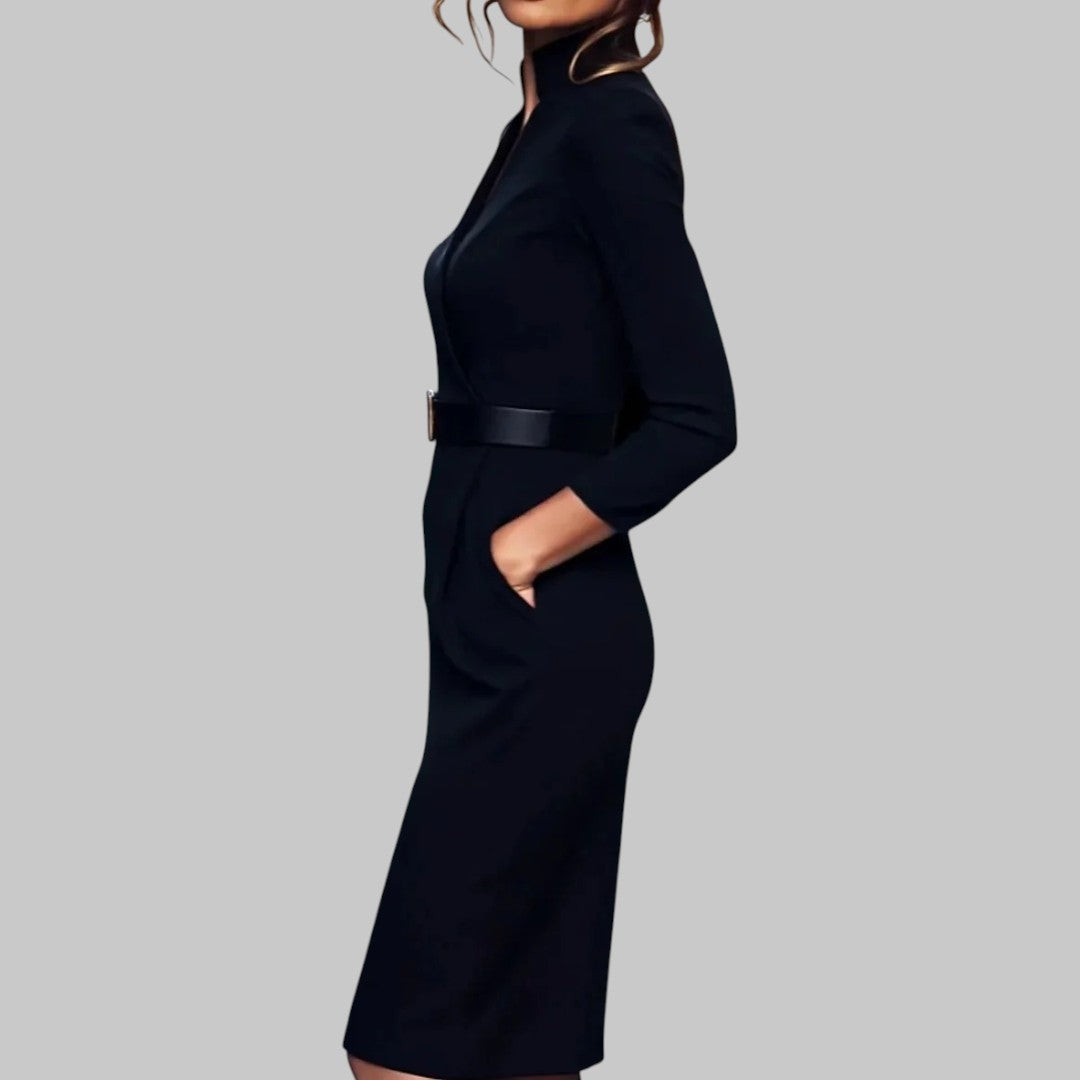 Inês | Vestido Midi Manga Comprida Mulher Decote V com Cinto