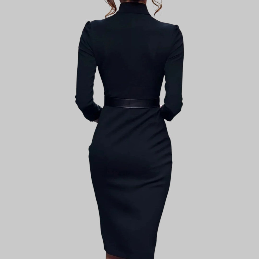 Inês | Vestido Midi Manga Comprida Mulher Decote V com Cinto