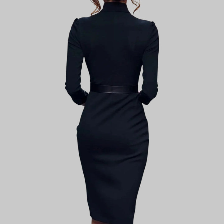 Inês | Vestido Midi Manga Comprida Mulher Decote V com Cinto