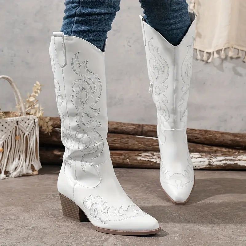 Joana | Cowboy Boots Bordadas Mulher Cano Alto Salto Bloco