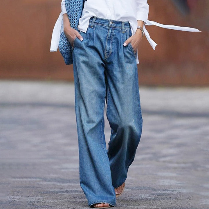 Joana | Jeans Perna Larga Cintura Alta Mulher Plissadas