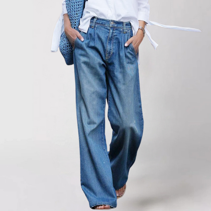 Joana | Jeans Perna Larga Cintura Alta Mulher Plissadas