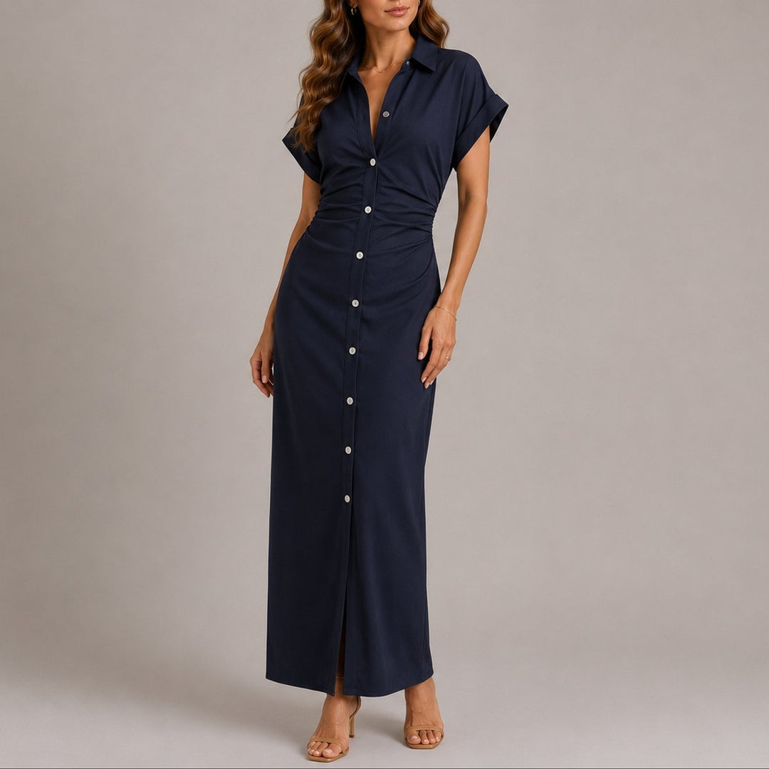 Lara | Vestido Camiseiro Comprido Ajustado Vestidos Outono Mulher Franzido Lateral