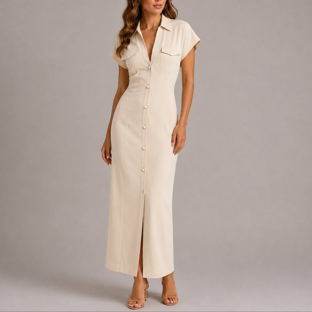 Lara | Vestido Camiseiro Comprido Ajustado Vestidos Outono Mulher Franzido Lateral