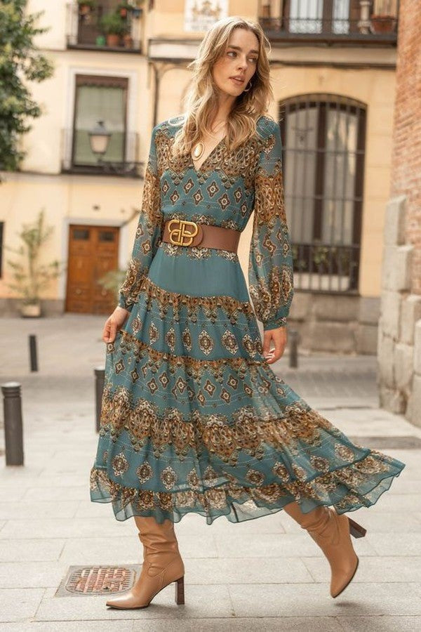 Laura | Vestido Midi Manga Comprida Estampado Mulher Boho Chiffon