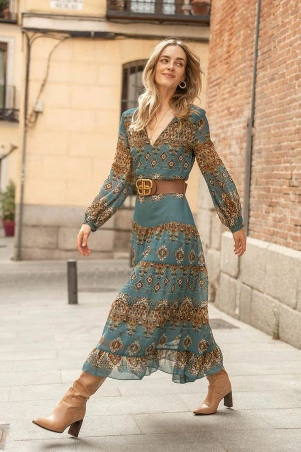 Laura | Vestido Midi Manga Comprida Estampado Mulher Boho Chiffon