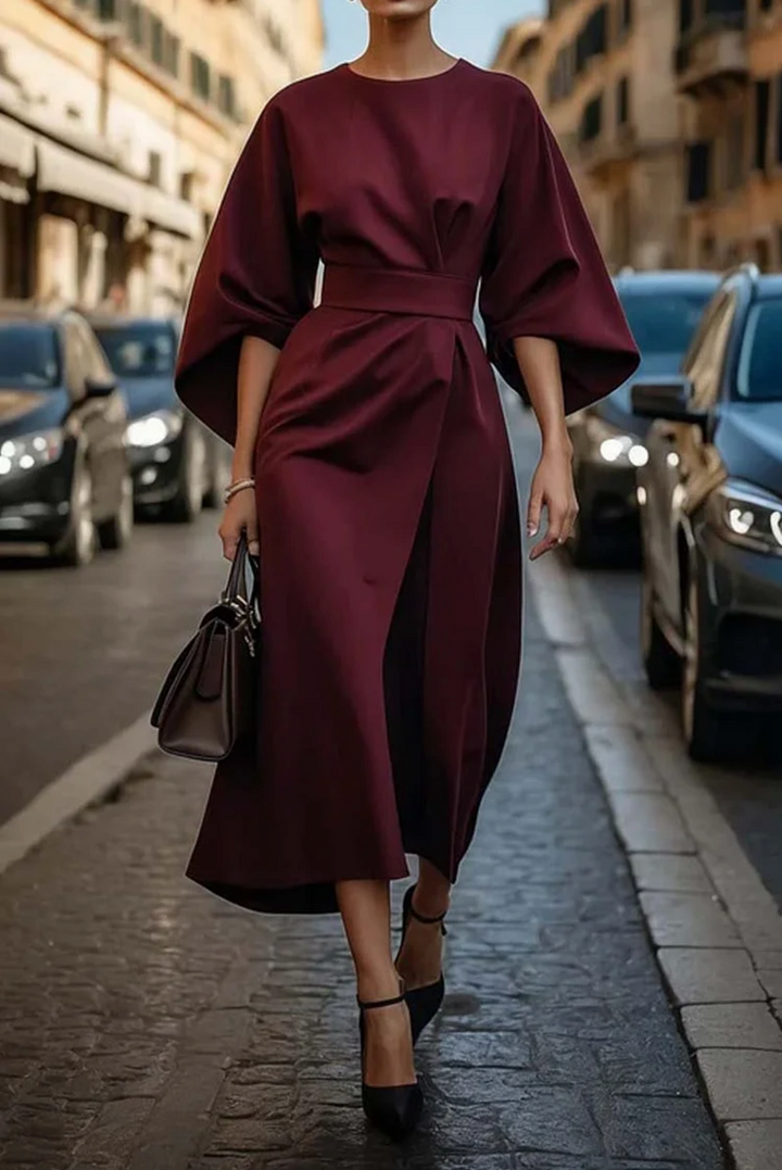 Matilde | Vestido Midi Manga Comprida Mulher Cintura Marcada