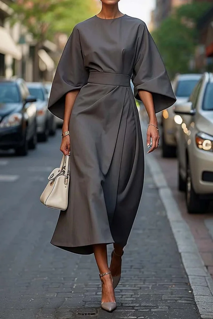 Matilde | Vestido Midi Manga Comprida Mulher Cintura Marcada
