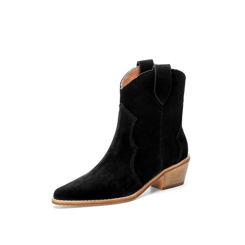 Lúcia | Botins Cowboy de Camurça Mulher Bico Fino Salto Bloco