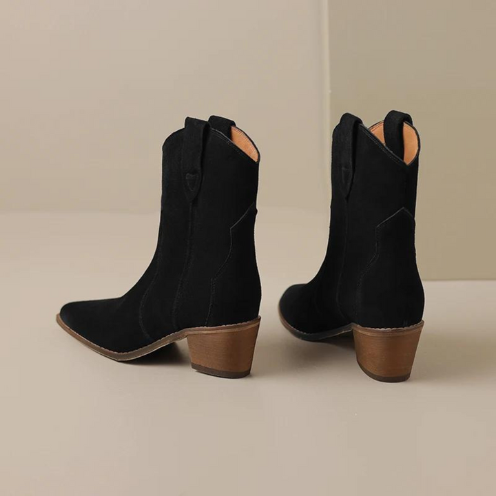 Lúcia | Botins Cowboy de Camurça Mulher Bico Fino Salto Bloco