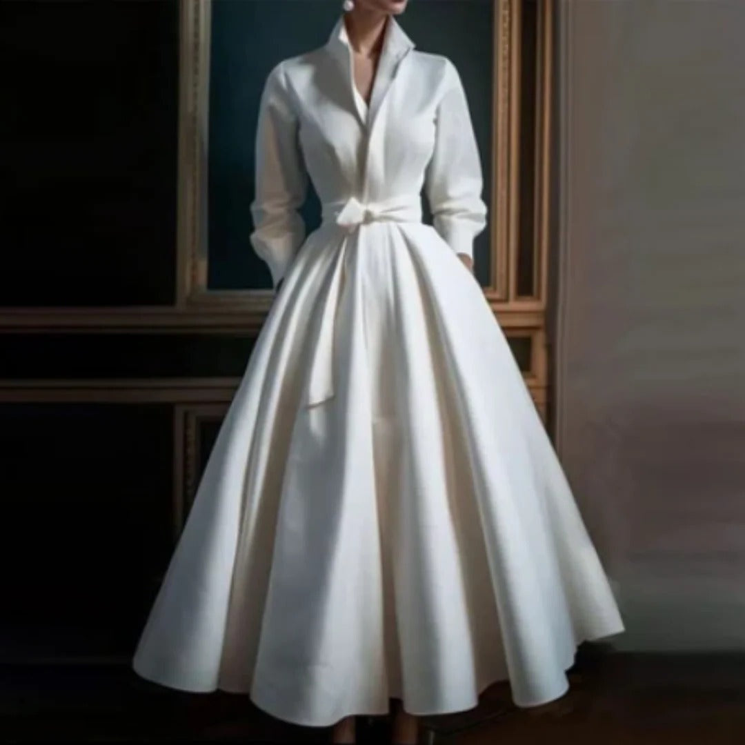 Madalena | Vestido para Casamento Mulher Manga Comprida Saia Evasê