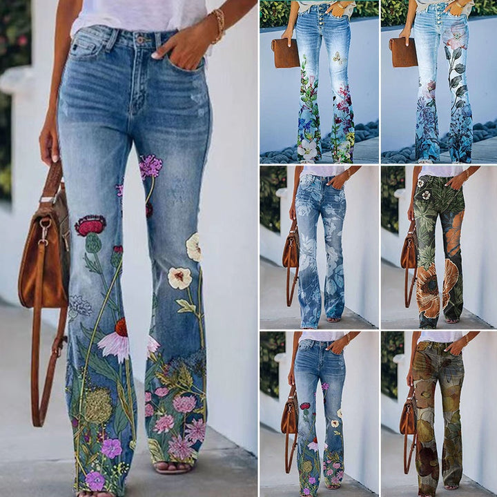 Margarida | Calças de Ganga Flare Estampado Floral Mulher Cintura Alta