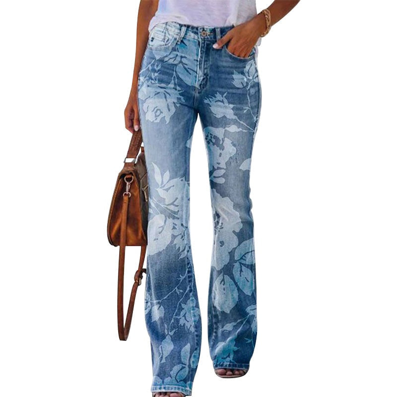 Margarida | Calças de Ganga Flare Estampado Floral Mulher Cintura Alta