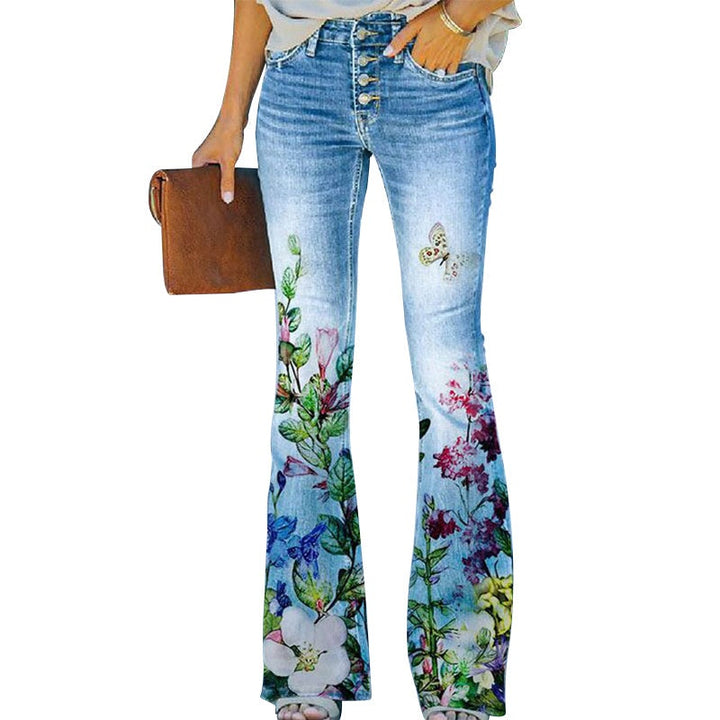 Margarida | Calças de Ganga Flare Estampado Floral Mulher Cintura Alta