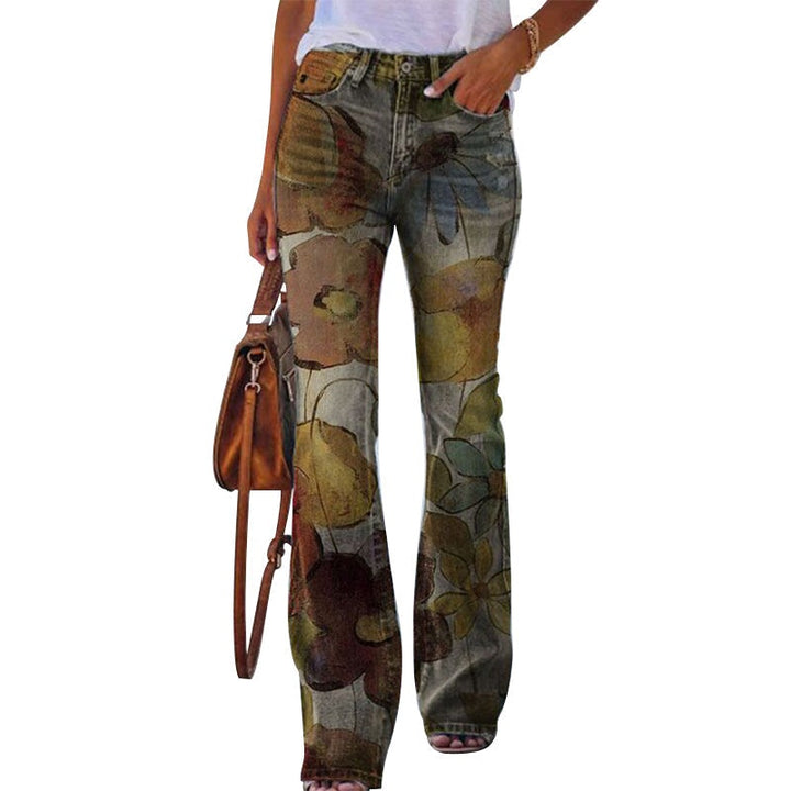 Margarida | Calças de Ganga Flare Estampado Floral Mulher Cintura Alta