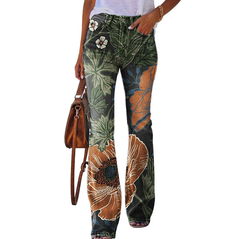 Margarida | Calças de Ganga Flare Estampado Floral Mulher Cintura Alta