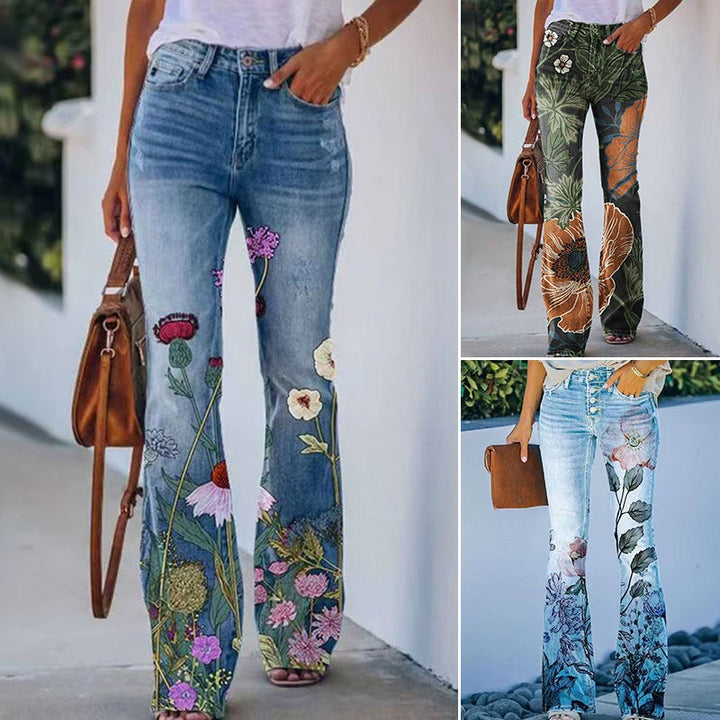 Margarida | Calças de Ganga Flare Estampado Floral Mulher Cintura Alta