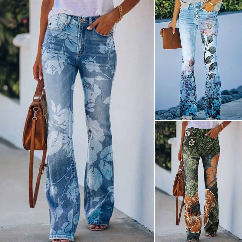 Margarida | Calças de Ganga Flare Estampado Floral Mulher Cintura Alta