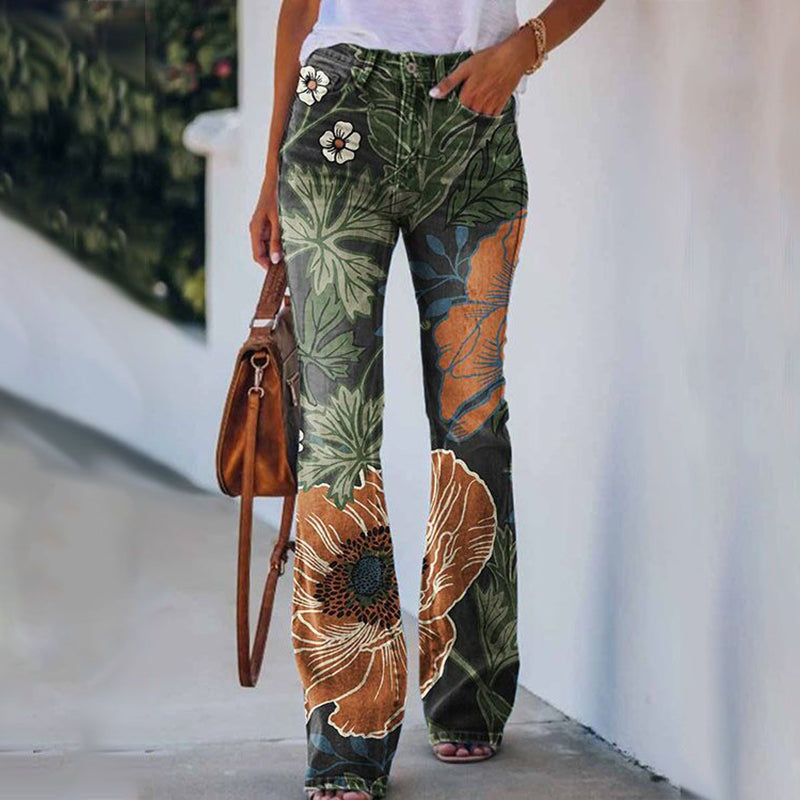 Margarida | Calças de Ganga Flare Estampado Floral Mulher Cintura Alta