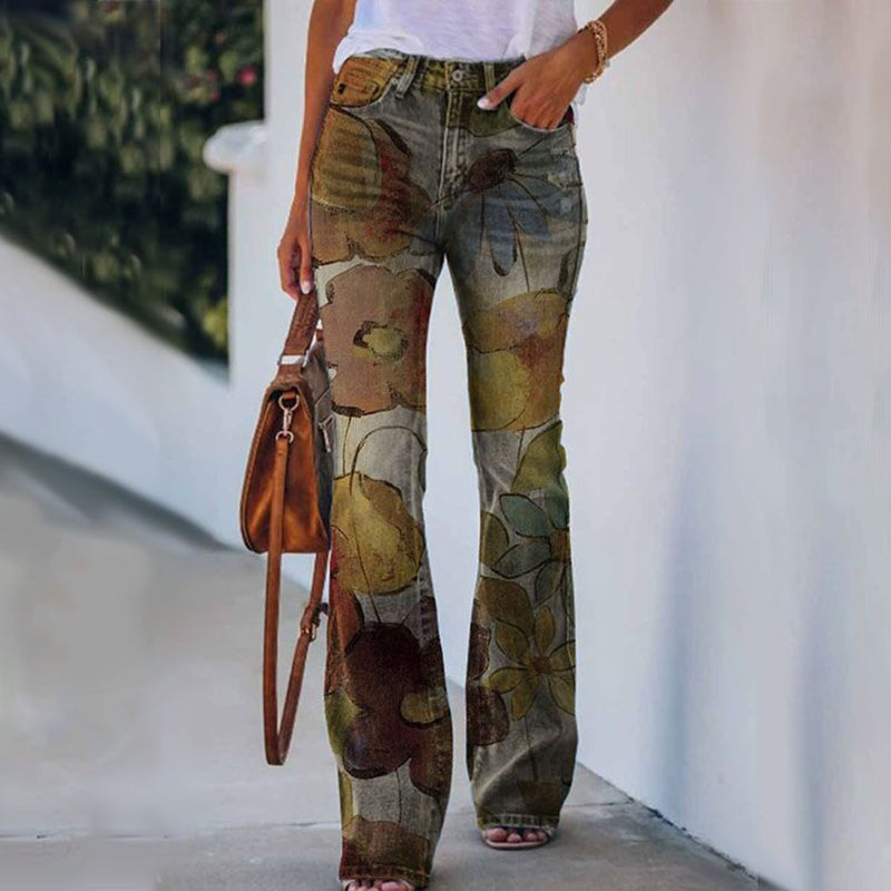 Margarida | Calças de Ganga Flare Estampado Floral Mulher Cintura Alta