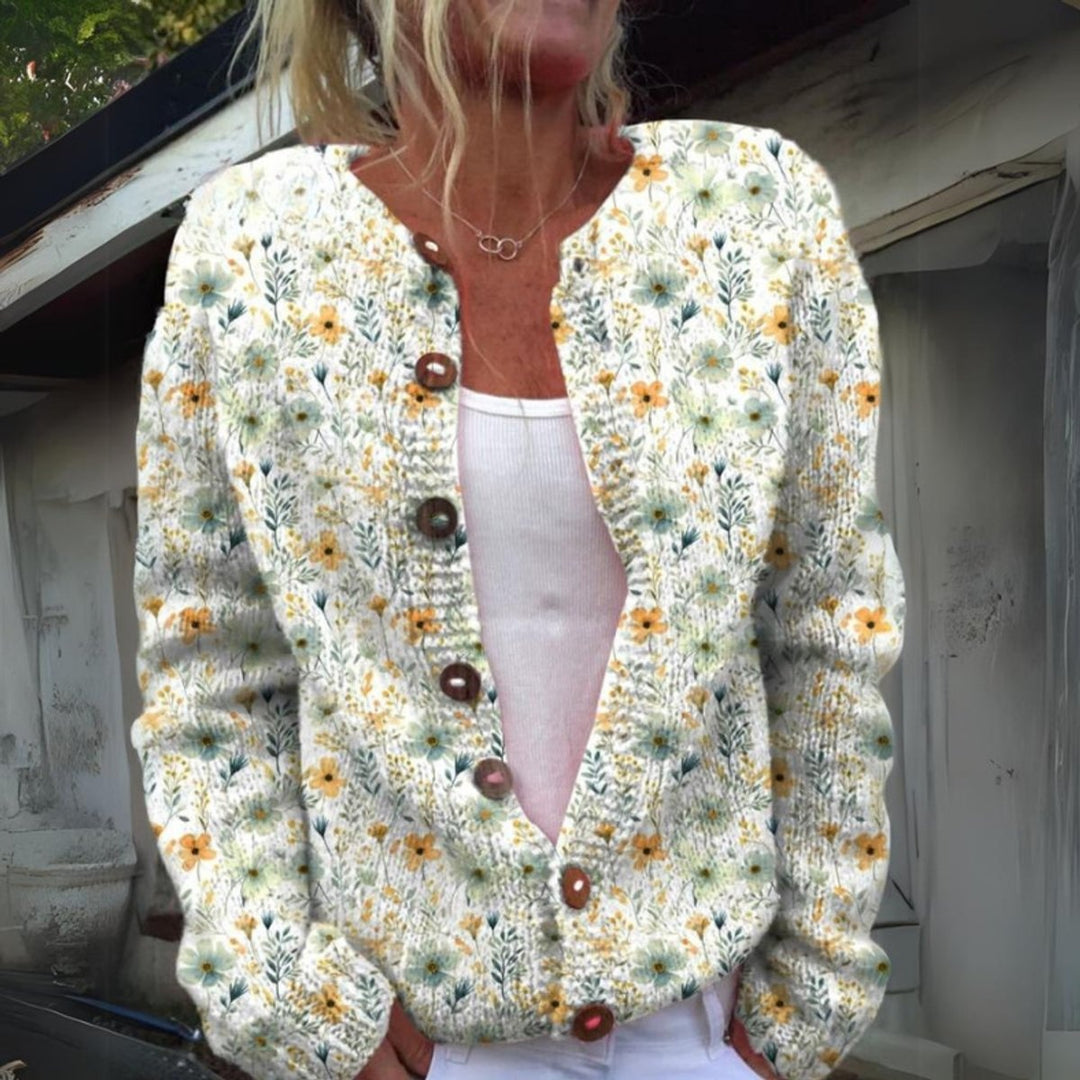 Margarida | Casaco de Malha Estampado Floral Mulher Botões
