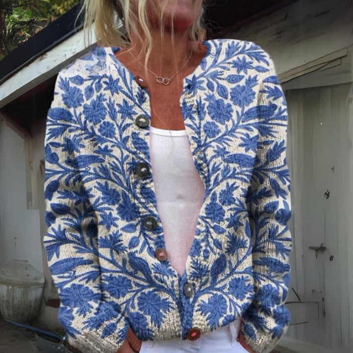 Margarida | Casaco de Malha Estampado Floral Mulher Botões