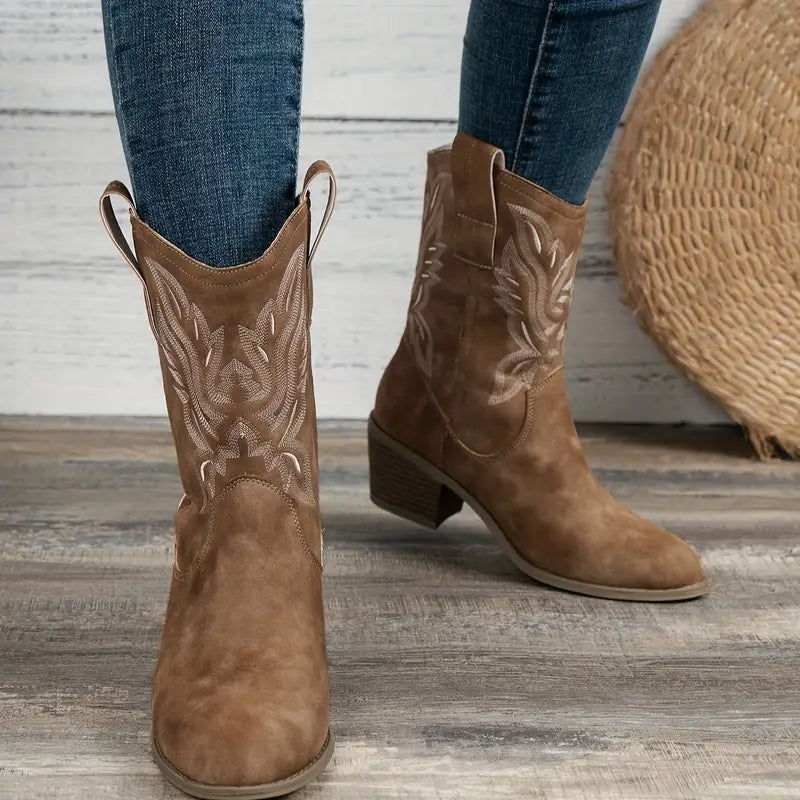 Mariana | Botins Cowboy de Camurça Mulher Salto Bloco Bordados