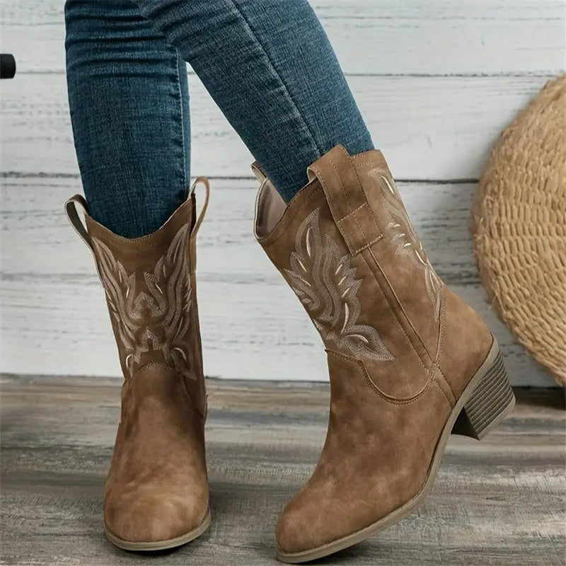 Mariana | Botins Cowboy de Camurça Mulher Salto Bloco Bordados