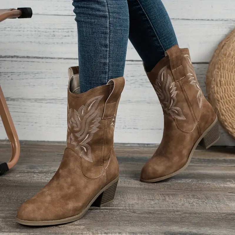 Mariana | Botins Cowboy de Camurça Mulher Salto Bloco Bordados