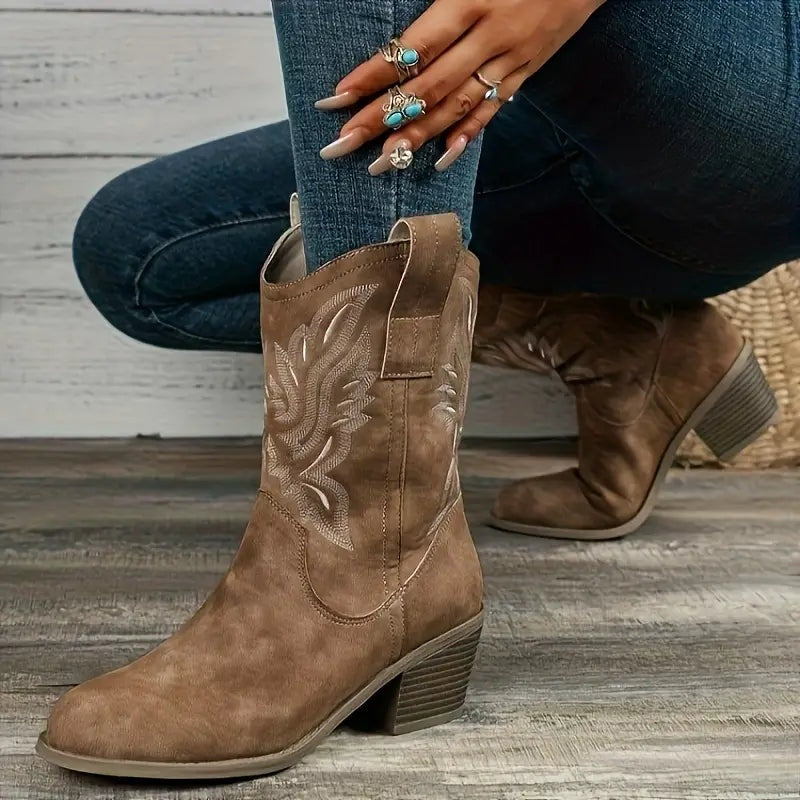 Mariana | Botins Cowboy de Camurça Mulher Salto Bloco Bordados