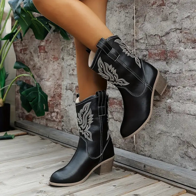 Mariana | Botins Cowboy de Camurça Mulher Salto Bloco Bordados