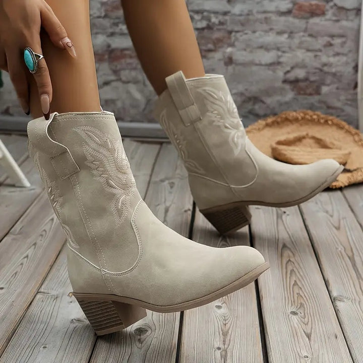Mariana | Botins Cowboy de Camurça Mulher Salto Bloco Bordados