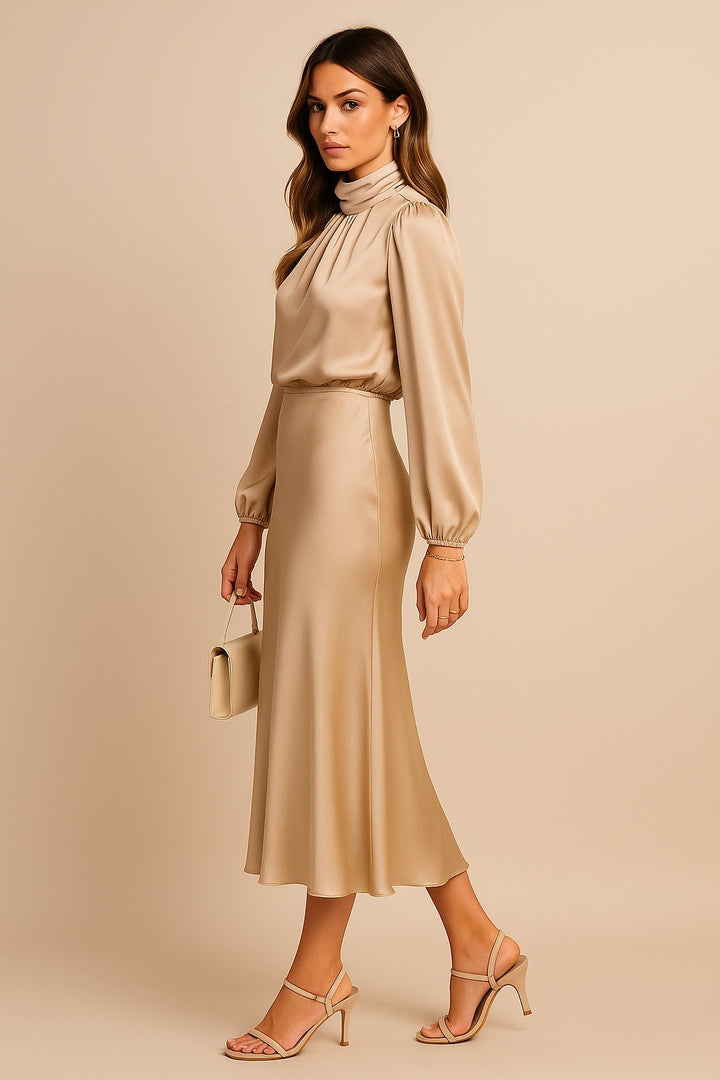Mariana | Vestido Midi de Cetim Manga Longa Mulher Gola Alta