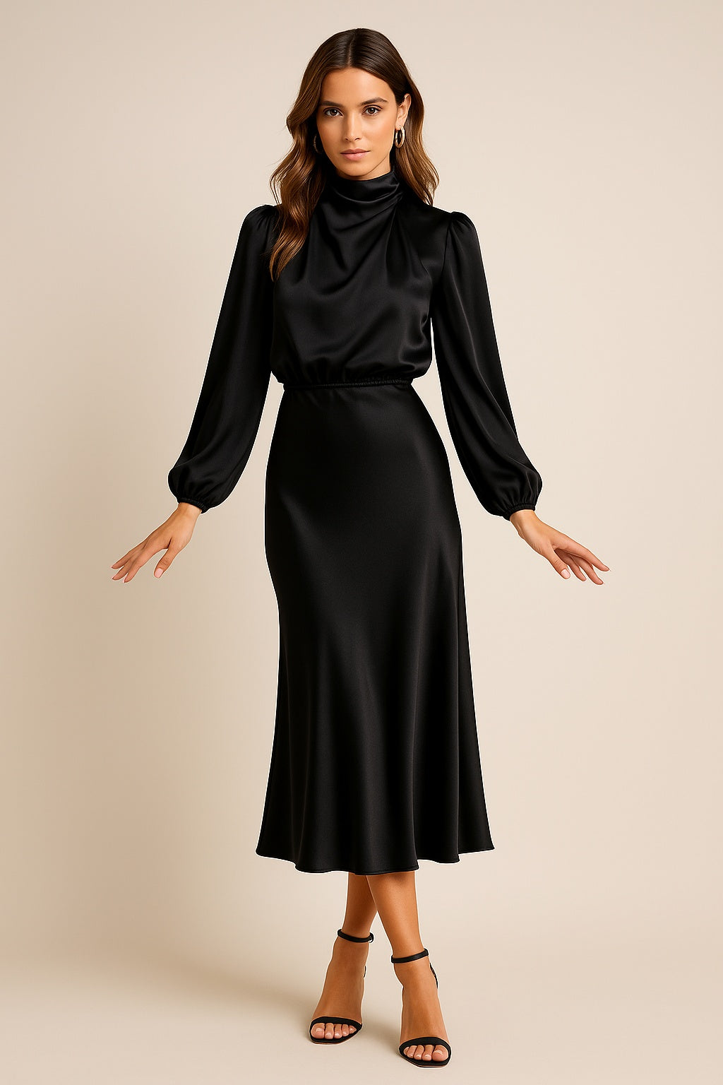 Mariana | Vestido Midi de Cetim Manga Longa Mulher Gola Alta