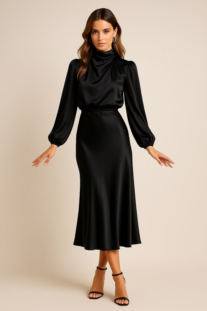 Mariana | Vestido Midi de Cetim Manga Longa Mulher Gola Alta