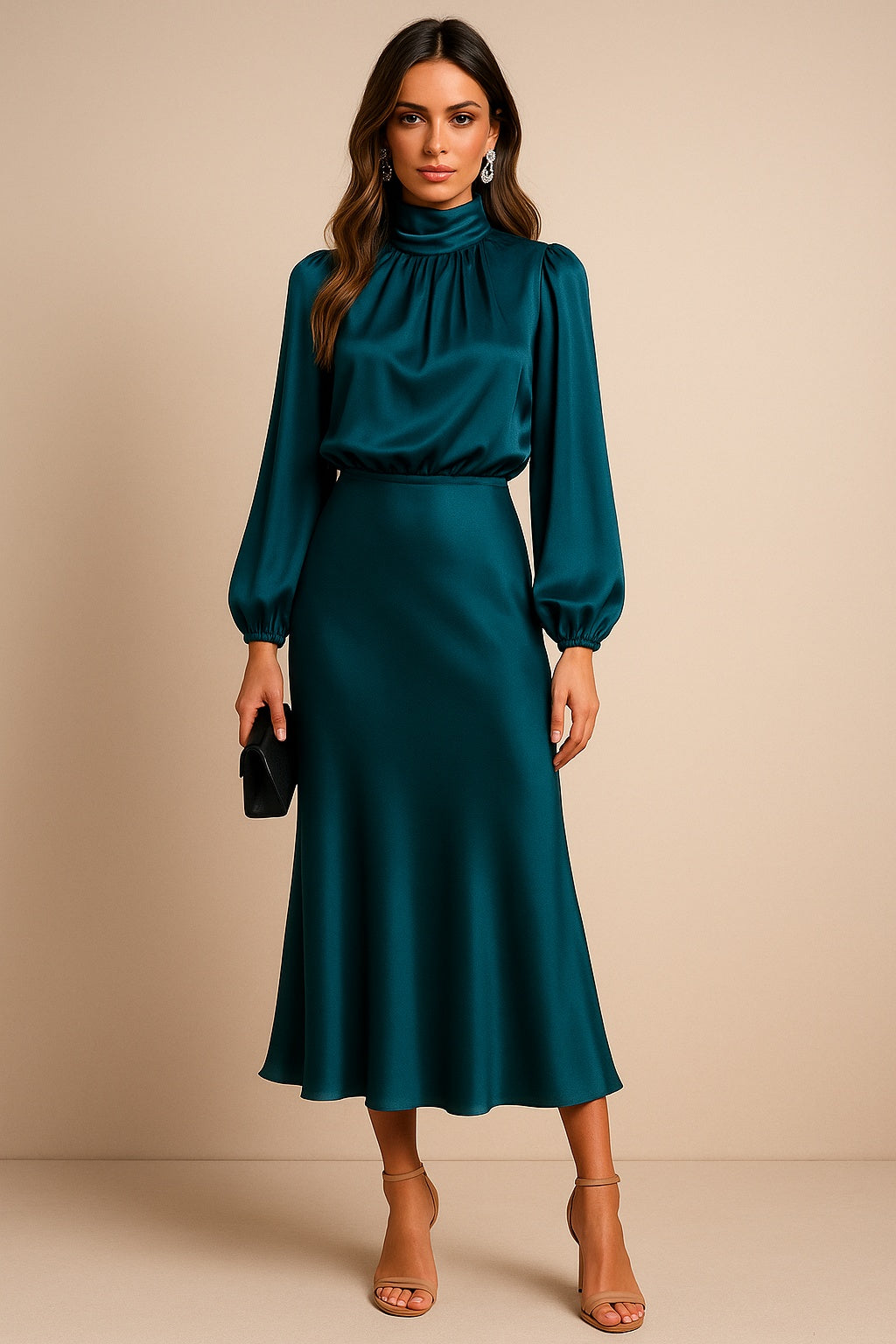 Mariana | Vestido Midi de Cetim Manga Longa Mulher Gola Alta