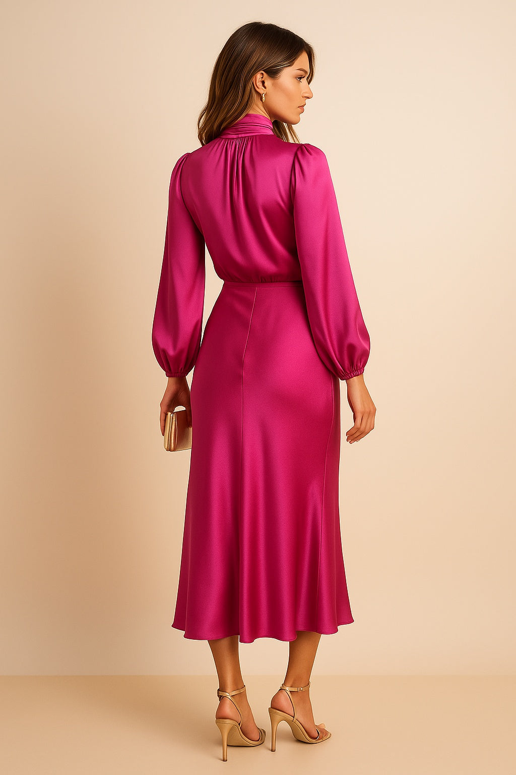 Mariana | Vestido Midi de Cetim Manga Longa Mulher Gola Alta