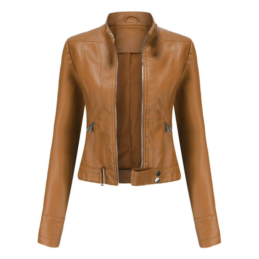 Marta | Casaco de Couro Sintético Mulher Biker Gola Alta com Fecho