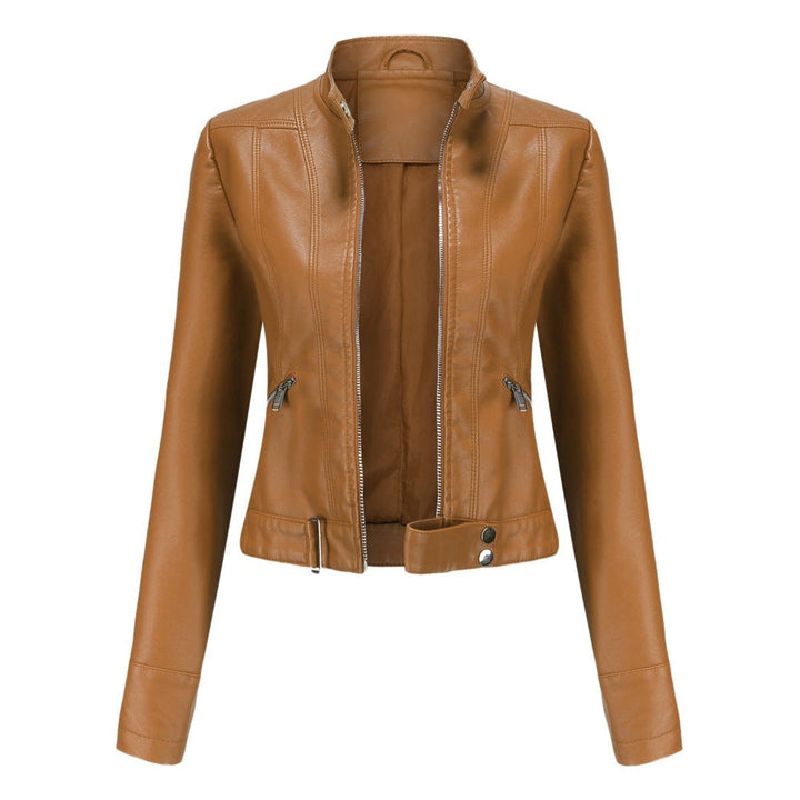 Marta | Casaco de Couro Sintético Mulher Biker Gola Alta com Fecho