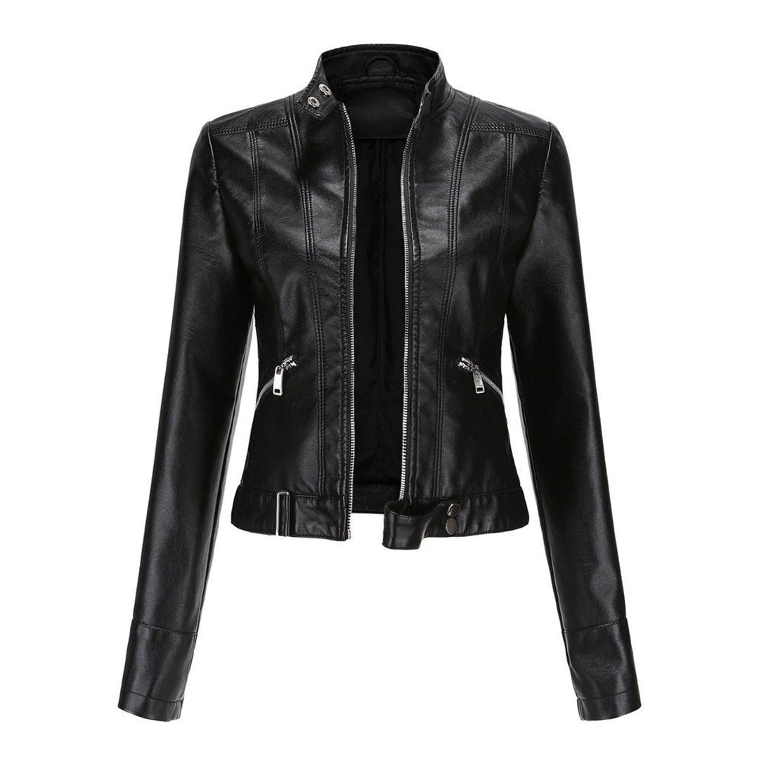 Marta | Casaco de Couro Sintético Mulher Biker Gola Alta com Fecho