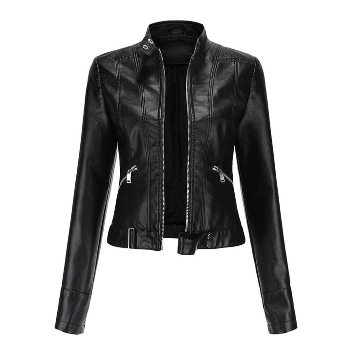Marta | Casaco de Couro Sintético Mulher Biker Gola Alta com Fecho