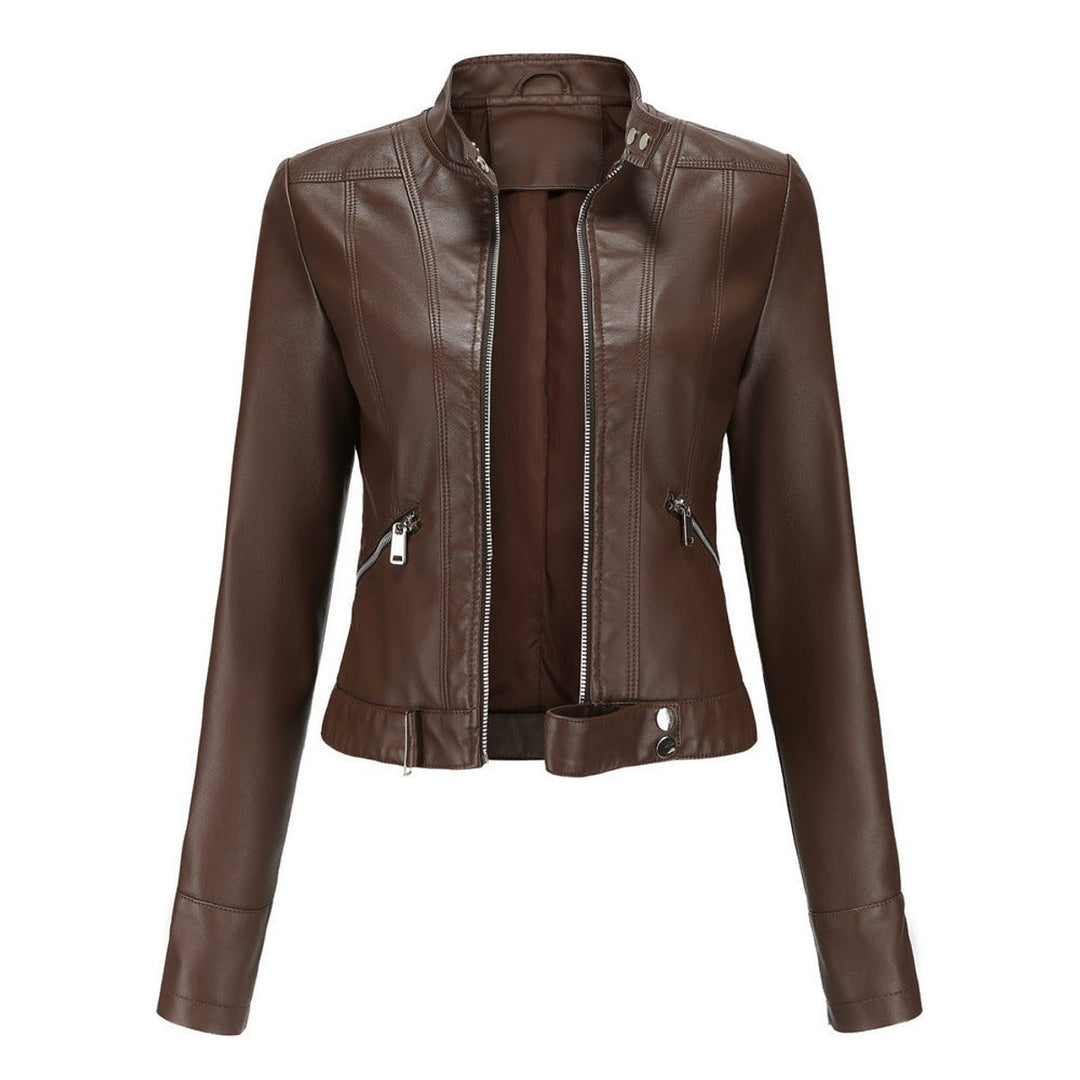 Marta | Casaco de Couro Sintético Mulher Biker Gola Alta com Fecho