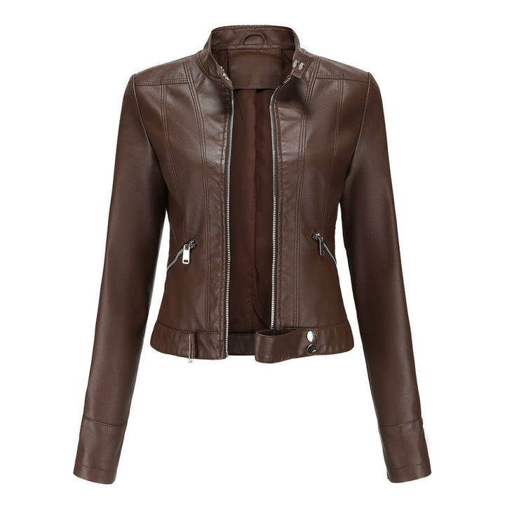 Marta | Casaco de Couro Sintético Mulher Biker Gola Alta com Fecho