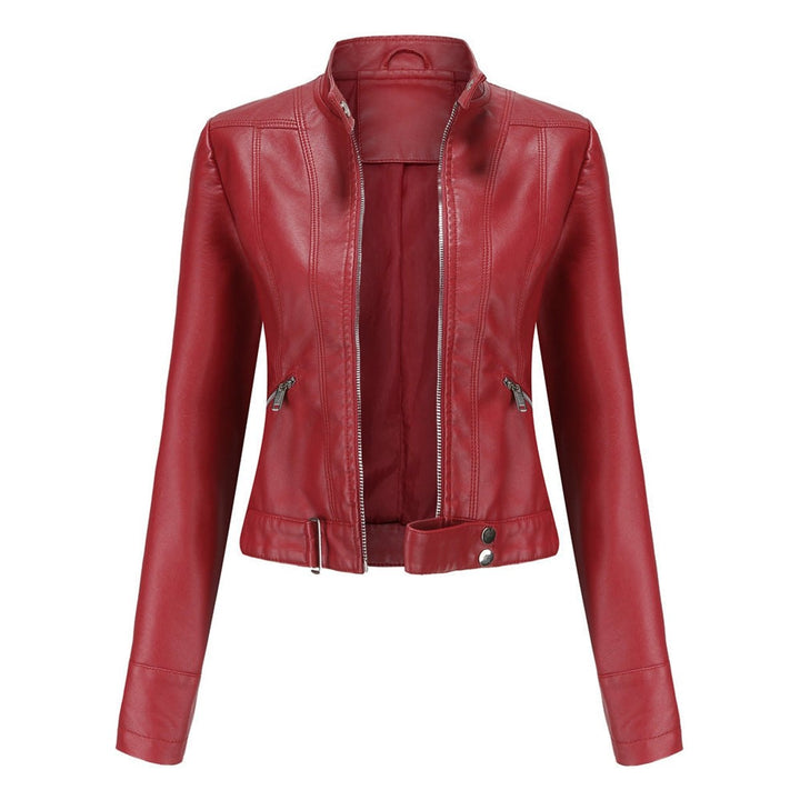 Marta | Casaco de Couro Sintético Mulher Biker Gola Alta com Fecho