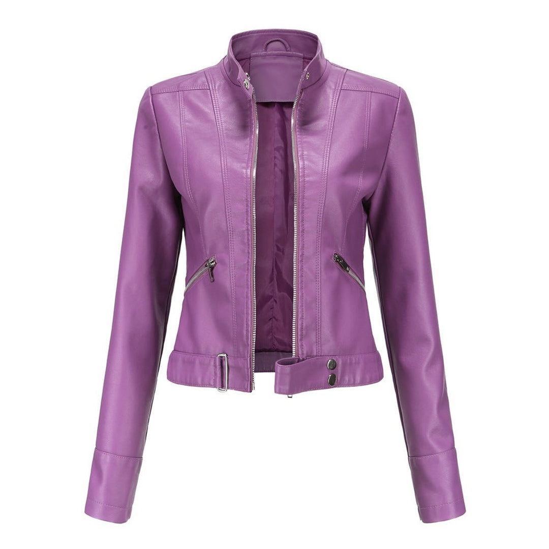 Marta | Casaco de Couro Sintético Mulher Biker Gola Alta com Fecho