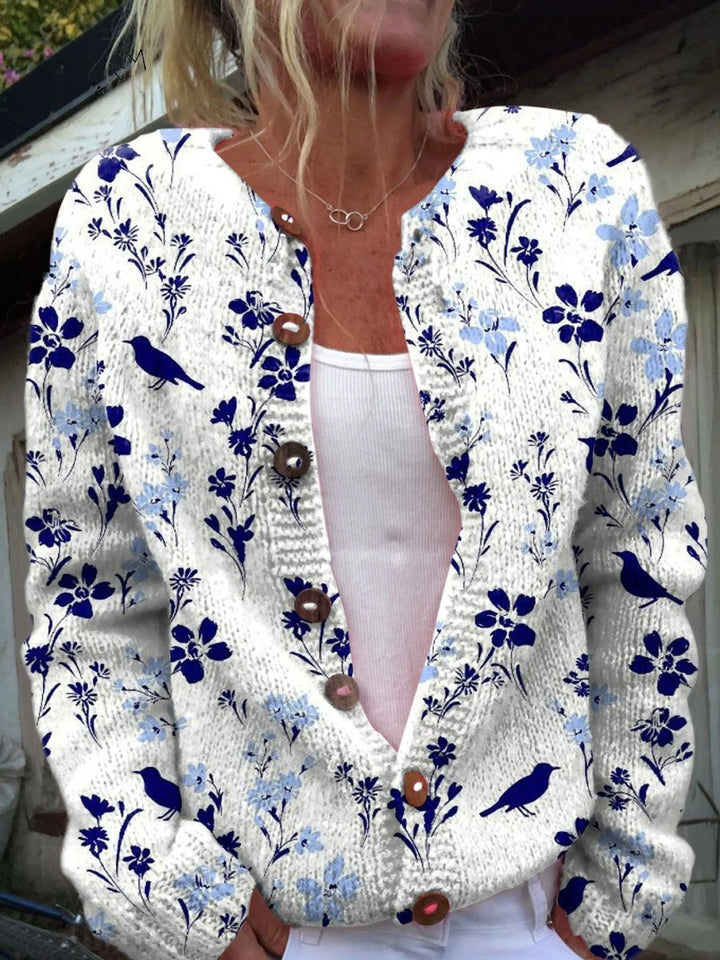 Matilde | Camisola de Malha Floral Mulher Botões Estampado Pássaros