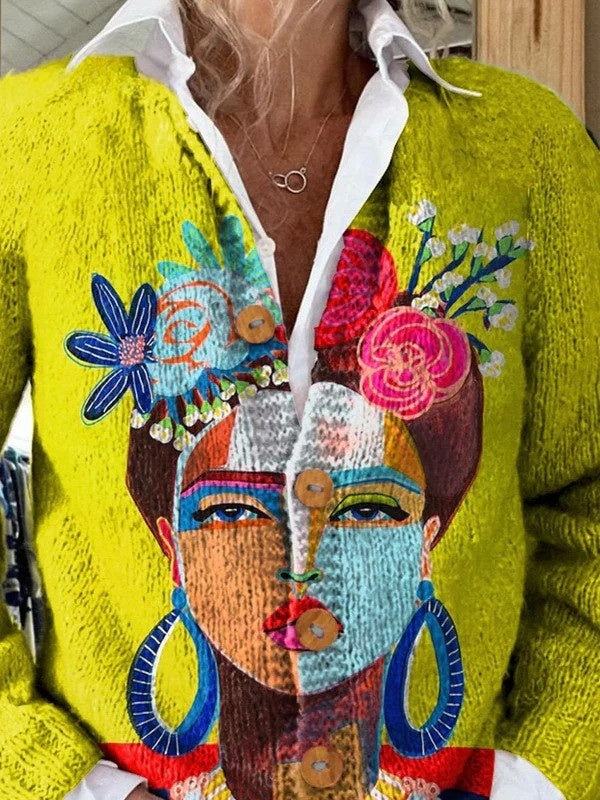 Matilde | Camisola de Malha Floral Mulher Botões Estampado Pássaros